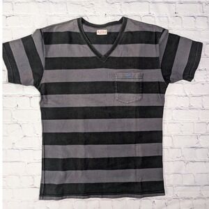 The Flat Head T-Shirt Mens 42 Cotton Black Grey Striped V-Neck Pocket Japan Made